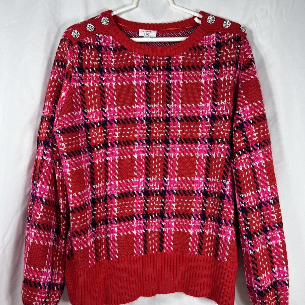 crown & ivy Red Pink Plaid Button-Accent Sweater